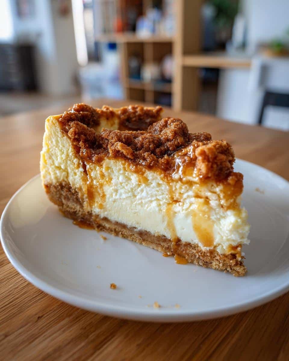 Unbelievable Peach Cobbler Cheesecake in 60 Minutes 6 A delicious slice of Peach Cobbler Cheesecake with a graham cracker crust and peach topping.