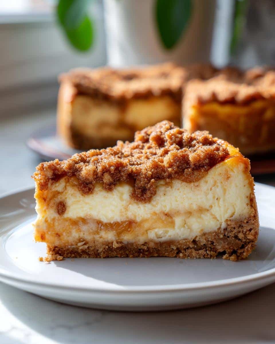 Unbelievable Peach Cobbler Cheesecake in 60 Minutes 8 A delicious slice of Peach Cobbler Cheesecake on a blue plate, showcasing the layers of crust, peaches, and cheesecake filling.