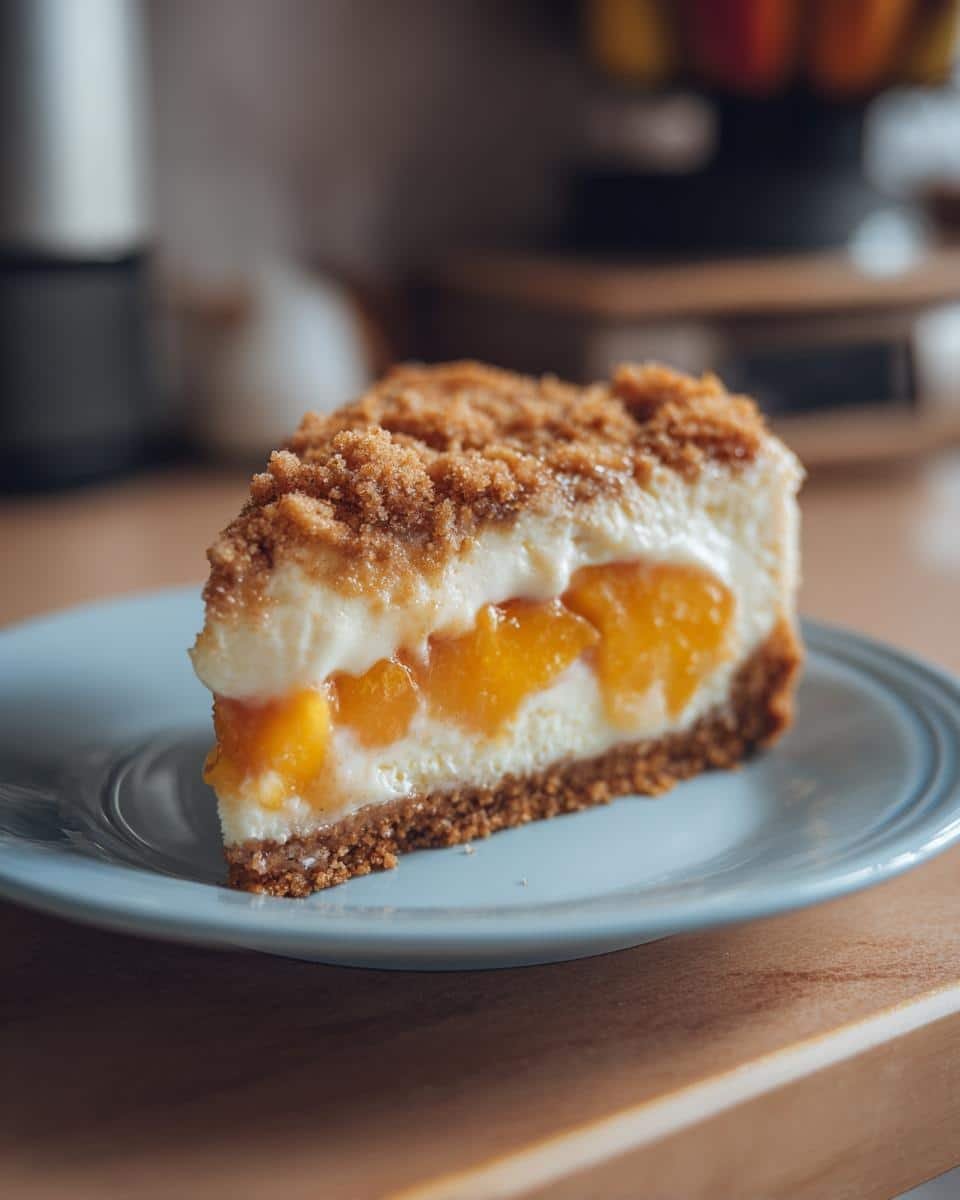 Unbelievable Peach Cobbler Cheesecake in 60 Minutes 9 A delicious slice of Peach Cobbler Cheesecake on a blue plate, showcasing the layers of crust, peaches, and cheesecake filling.