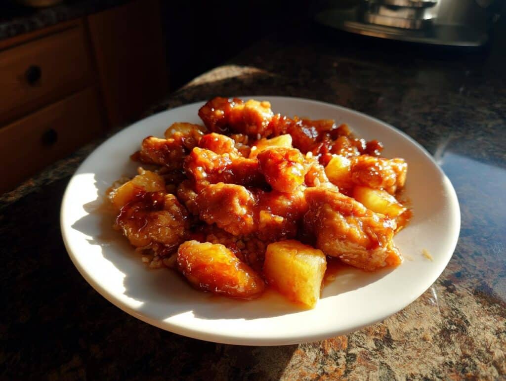 A plate of pineapple chicken and rice on blackstone, featuring glazed chicken and pineapple chunks.