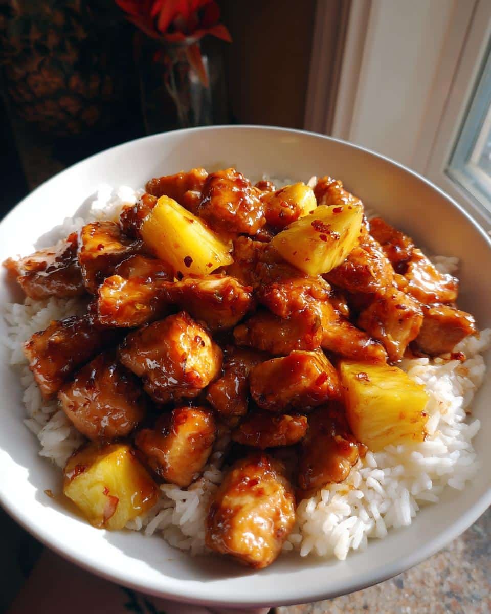 Disgustingly Easy Pineapple Chicken and Rice on Blackstone 9 A bowl of pineapple chicken and rice on blackstone, featuring glazed chicken and pineapple chunks over white rice.