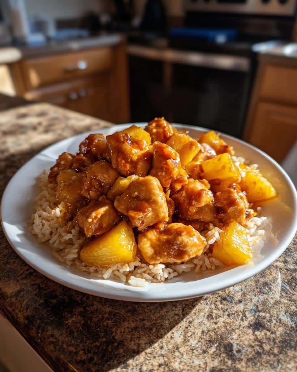 Disgustingly Easy Pineapple Chicken and Rice on Blackstone 6 A plate of pineapple chicken and rice on blackstone, featuring glazed chicken and pineapple chunks over rice.