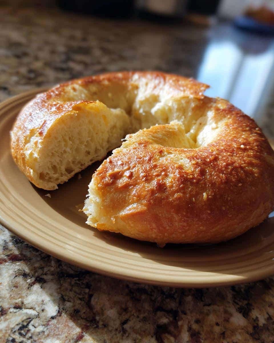 Unleash 15g Protein: Awesome Protein Bagels Recipe 9 Close-up of a golden brown protein bagel, partially broken, on a plate. Shows the texture and crumb.