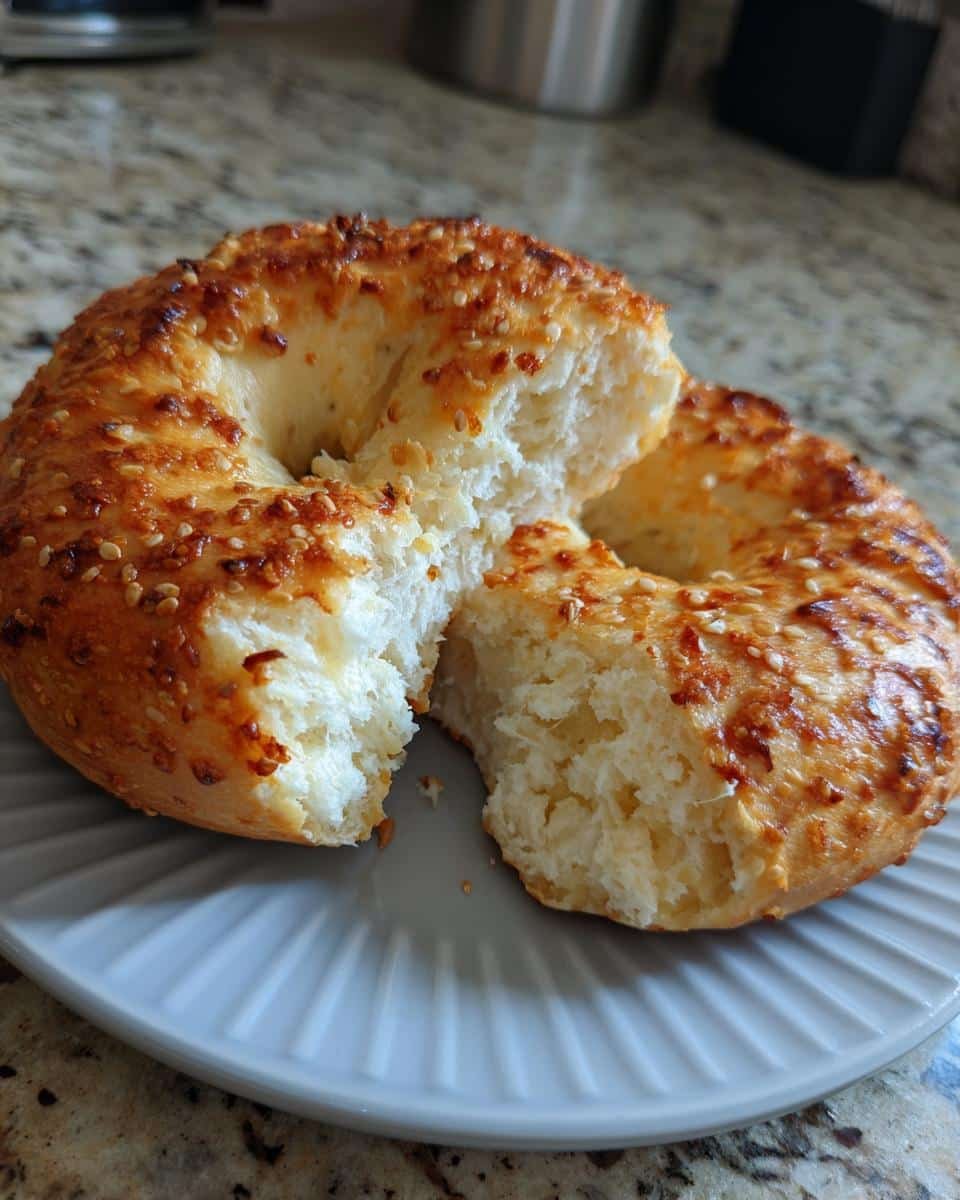 Unleash 15g Protein: Awesome Protein Bagels Recipe 8 A sliced protein bagel on a plate, showcasing its fluffy interior and sesame seed topping.