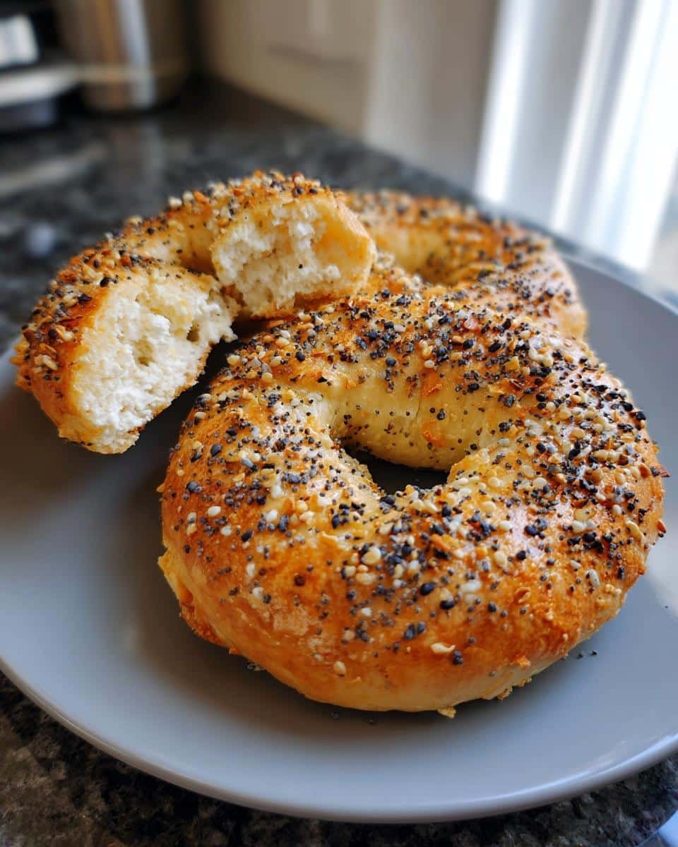 Protein Bagels Recipe: 4-Step Cottage Cheese Magic 9 Two protein bagels recipe cottage cheese on a plate, one broken in half to show the inside texture.