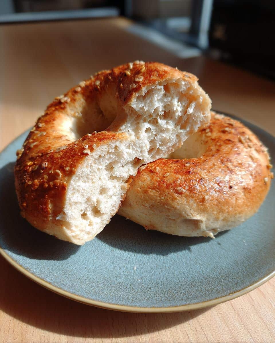 Make Irresistible Protein Bagels with Greek Yogurt in 30 7 Two halves of a protein bagel with greek yogurt on a blue plate, showing the texture and topping.