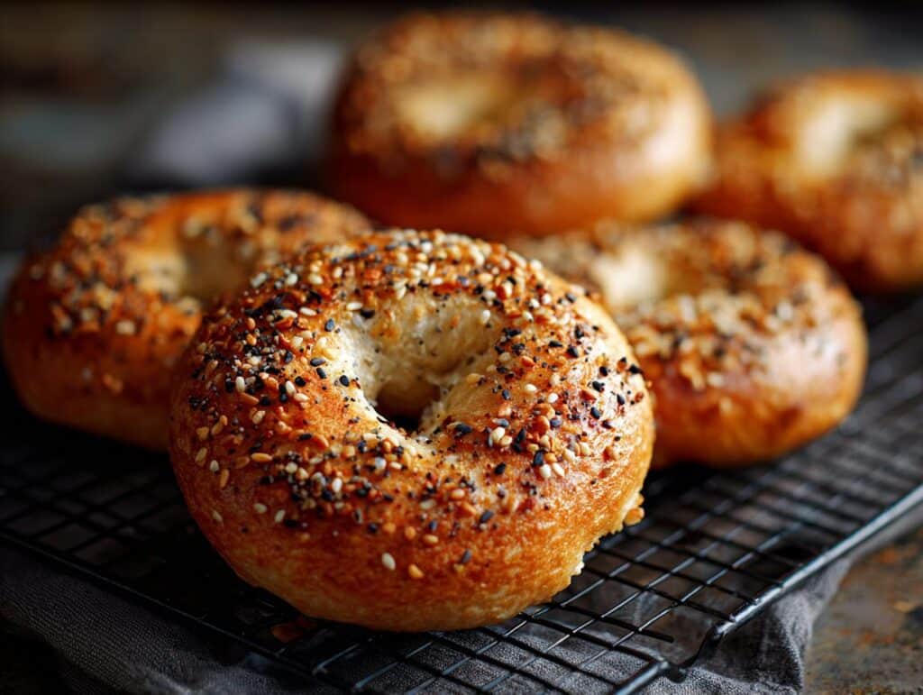 Freshly baked protein bagels with greek yogurt oven, topped with everything bagel seasoning, cooling on a wire rack.