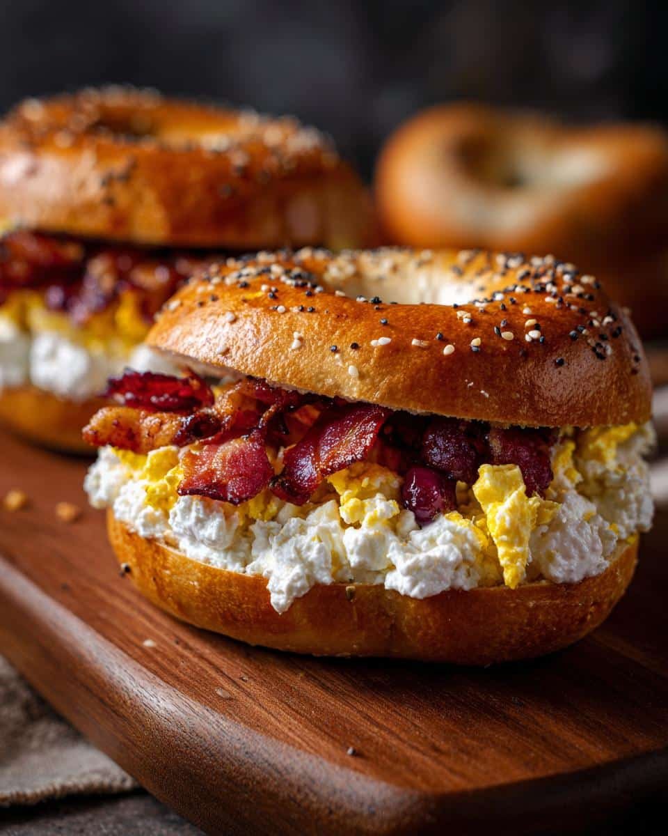 Foolproof Protein Bagels With Greek Yogurt Oven: 5 Secrets 9 Two protein bagels with greek yogurt oven, scrambled eggs, and bacon on a wooden board.