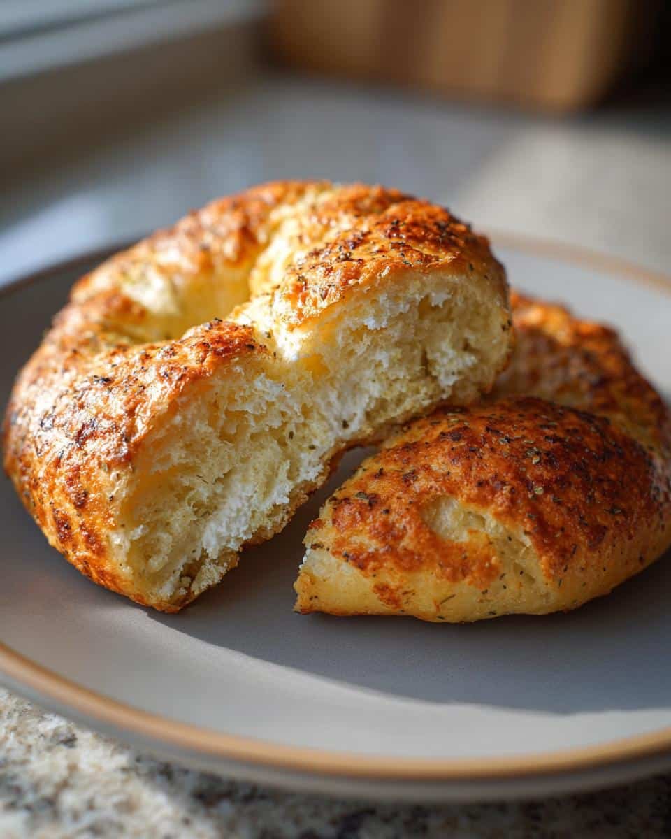 Make Irresistible Protein Bagels with Greek Yogurt in 30 6 A protein bagel with greek yogurt, sliced open to show the inside texture, resting on a plate.
