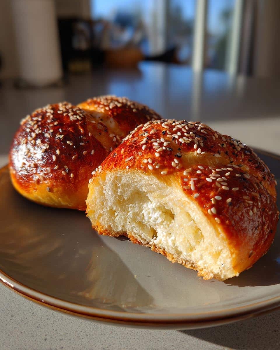 Protein Bagels Recipe: 4-Step Cottage Cheese Magic 6 Two protein bagels recipe cottage cheese on a plate, one with a bite taken out revealing the inside.