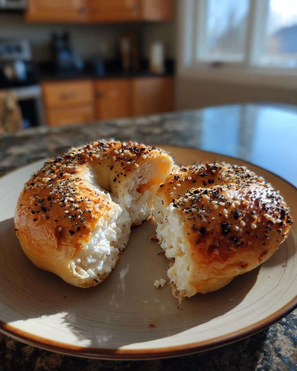Protein Bagels Recipe: 4-Step Cottage Cheese Magic 7 A protein bagels recipe featuring a bagel split open, revealing a creamy cottage cheese filling.