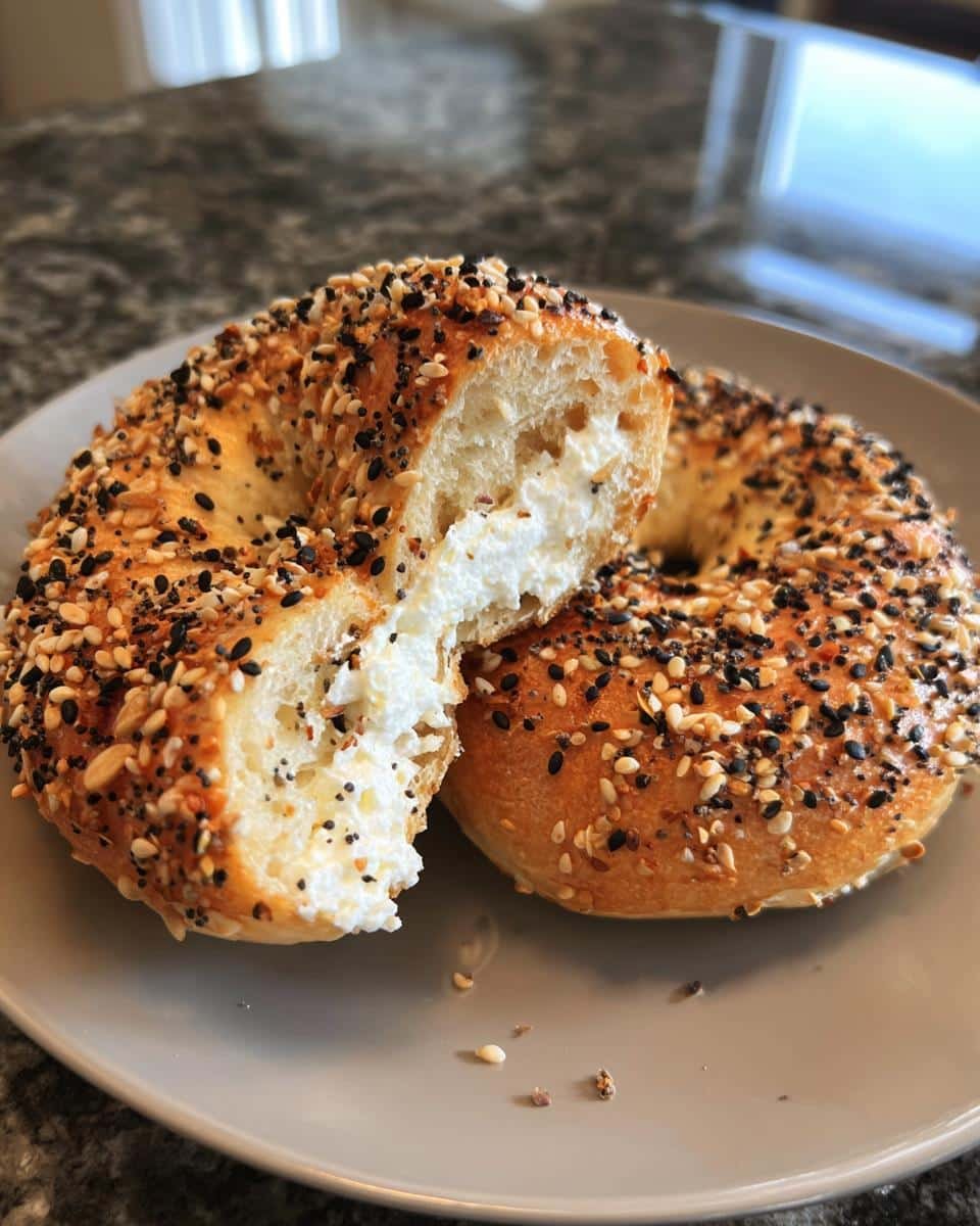 Protein Bagels Recipe: 4-Step Cottage Cheese Magic 8 Two protein bagels recipe, one cut open to show cottage cheese filling and everything bagel seasoning.