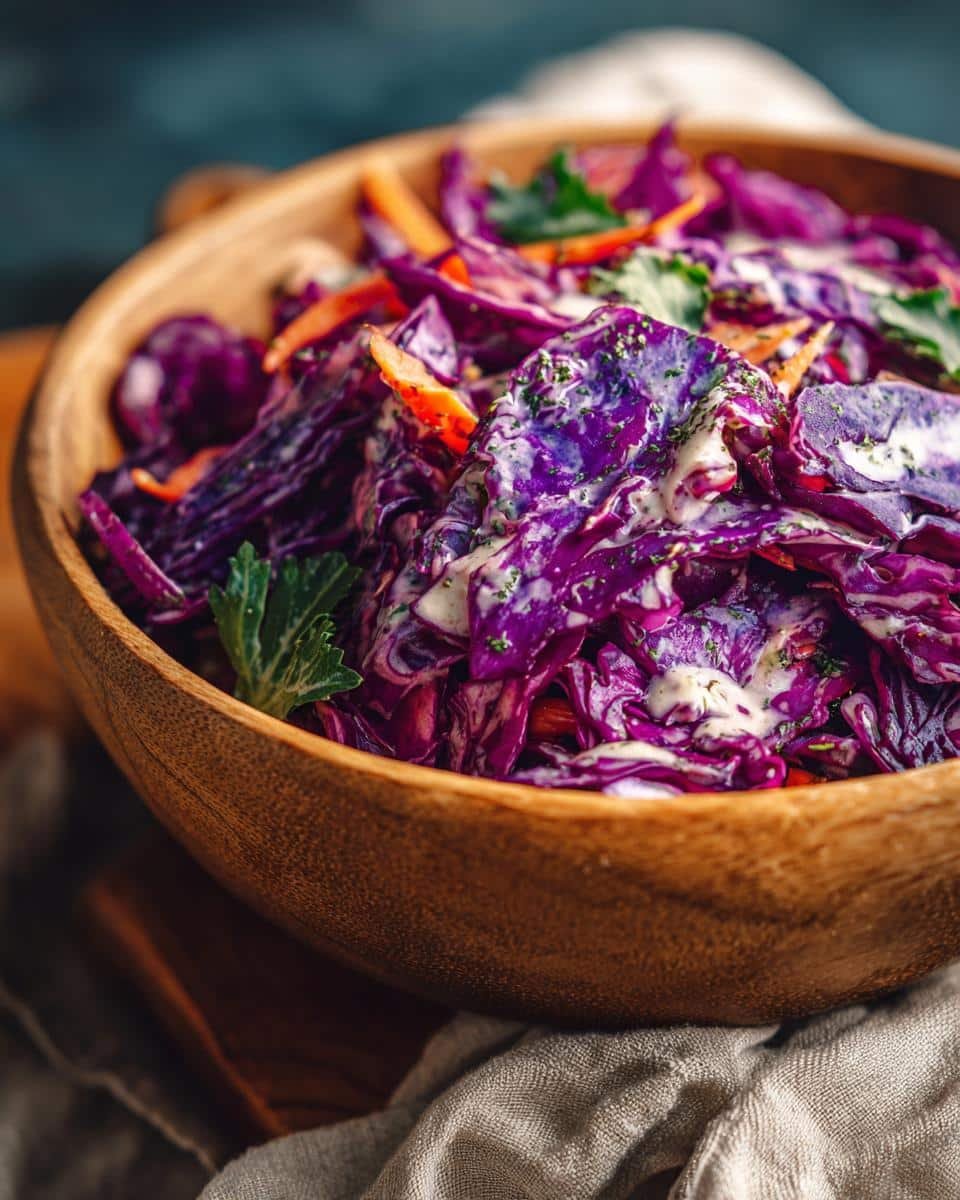 Irresistible Coleslaw Dressing Recipe in Just 5 Minutes 7 A vibrant purple coleslaw with carrots and a creamy coleslaw dressing, served in a wooden bowl.