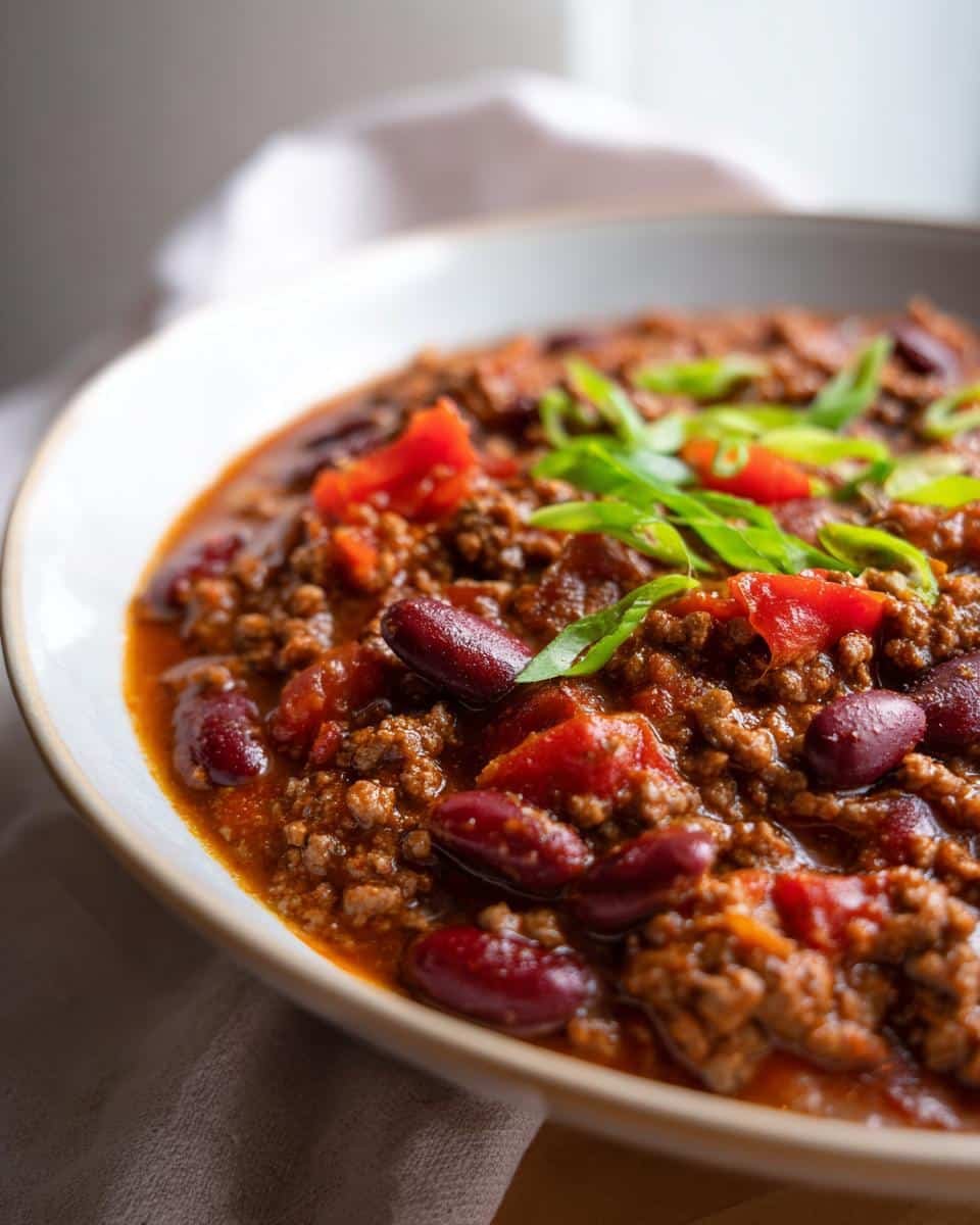 10-Minute Ground Beef Recipes That Taste Dangerously Good 7 A bowl of chili, a quick ground beef recipe, with kidney beans, tomatoes, and green onions.