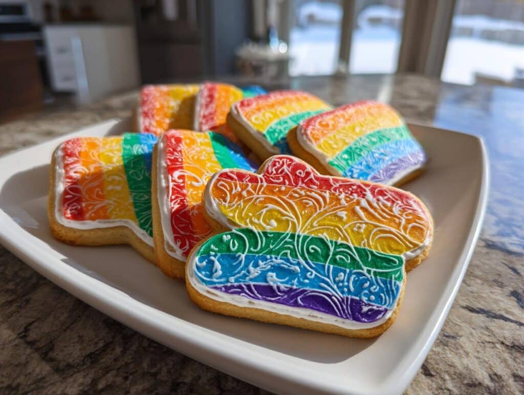 A plate of beautifully decorated rainbow sugar cookies with royal icing for St. Patrick's Day.