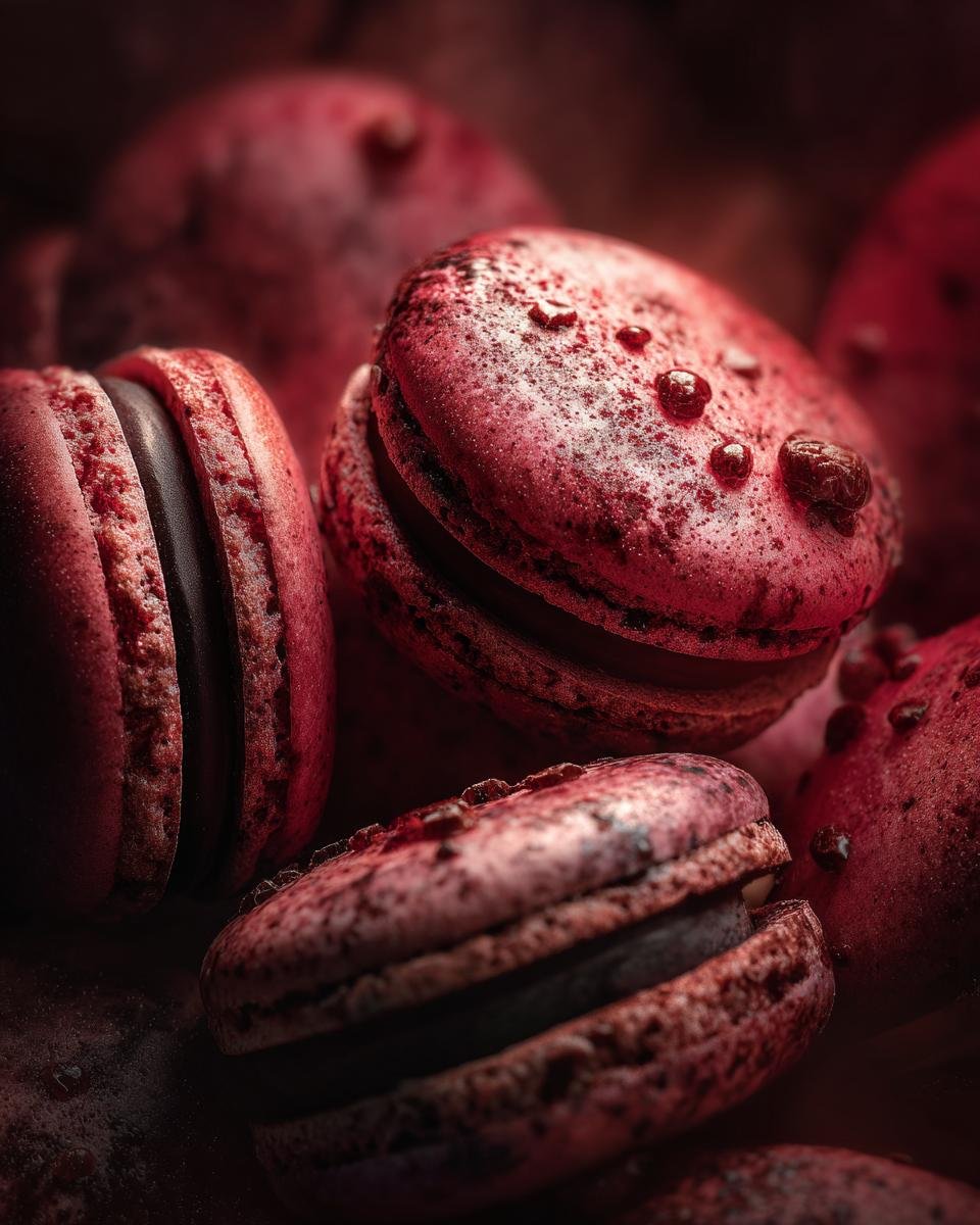 Fail-Proof Macarons: 1 Unforgivable Mistake to Avoid 7 Detailed close-up of several red velvet macarons with dark chocolate filling, showcasing their texture and color.