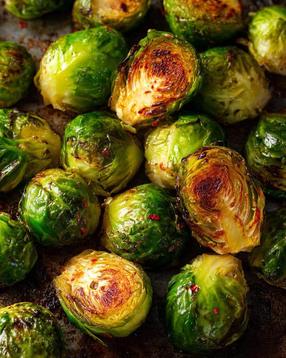 Roasted Brussels Sprouts: 4 Ingredient Magic Recipe 9 Close-up of golden brown roasted Brussels sprouts on a dark baking sheet, ready to eat.
