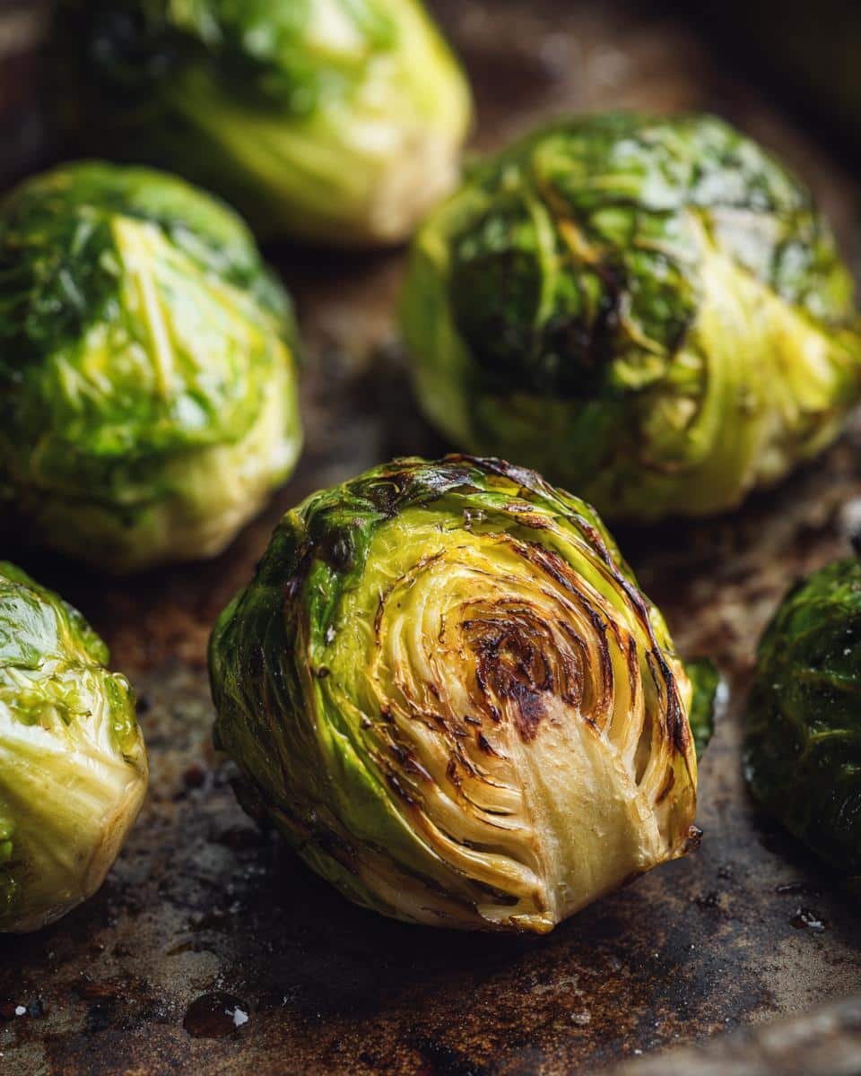 Roasted Brussels Sprouts: 4 Ingredient Magic Recipe 7 Close-up of roasted Brussels sprouts, one cut in half to show the layers, on a dark baking sheet.