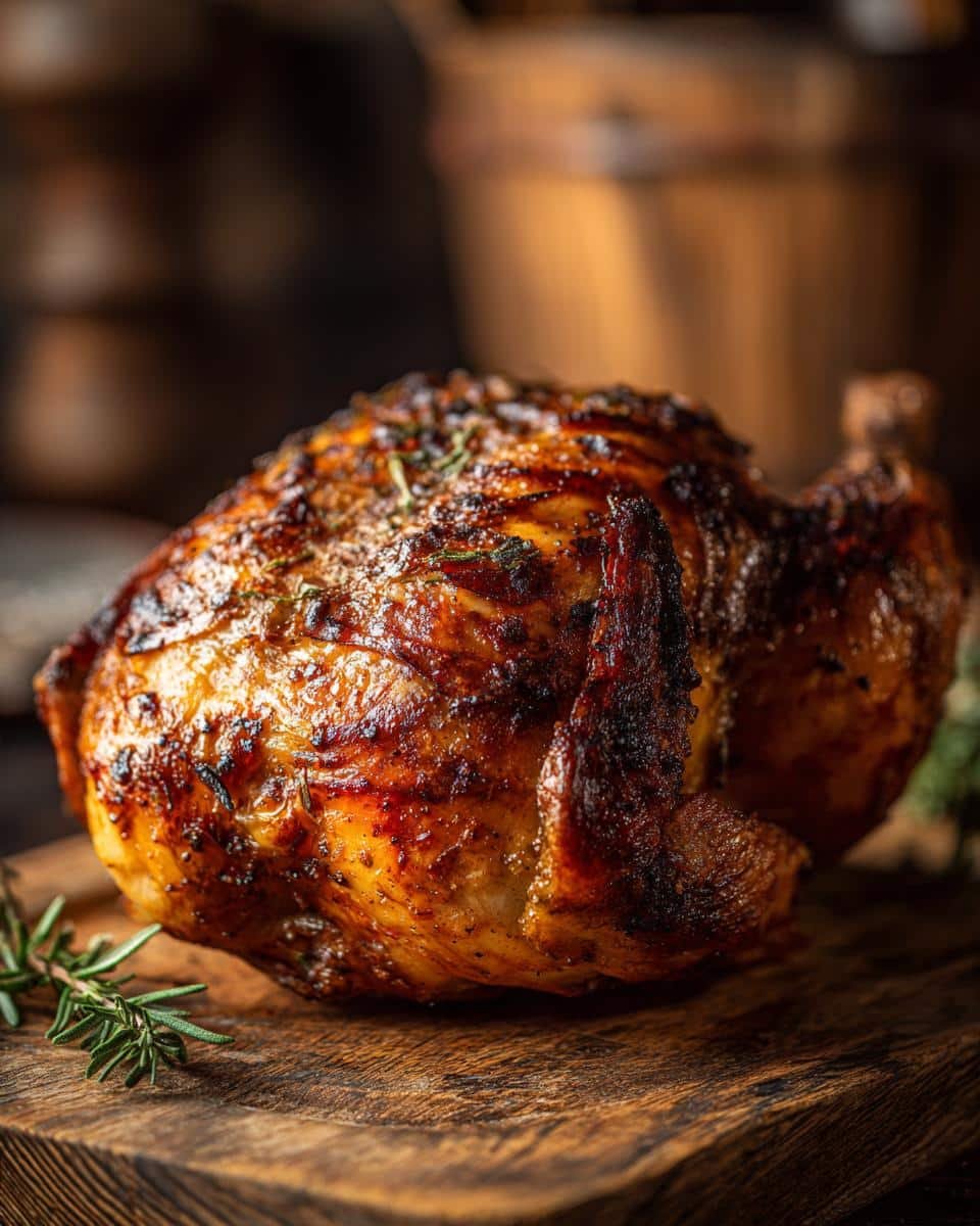 Fail-Proof Roasted Whole Chicken in Just 7 Steps 6 Golden brown roasted whole chicken on a wooden cutting board, garnished with rosemary. Ready to serve.