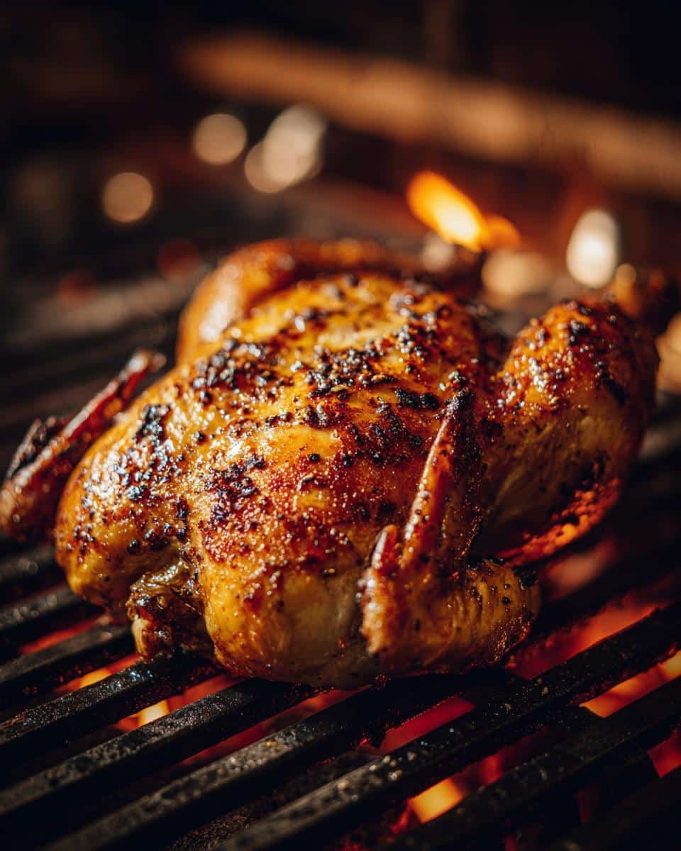 Fail-Proof Roasted Whole Chicken in Just 7 Steps 9 A perfectly roasted whole chicken on a grill, with crispy skin and glowing embers underneath.
