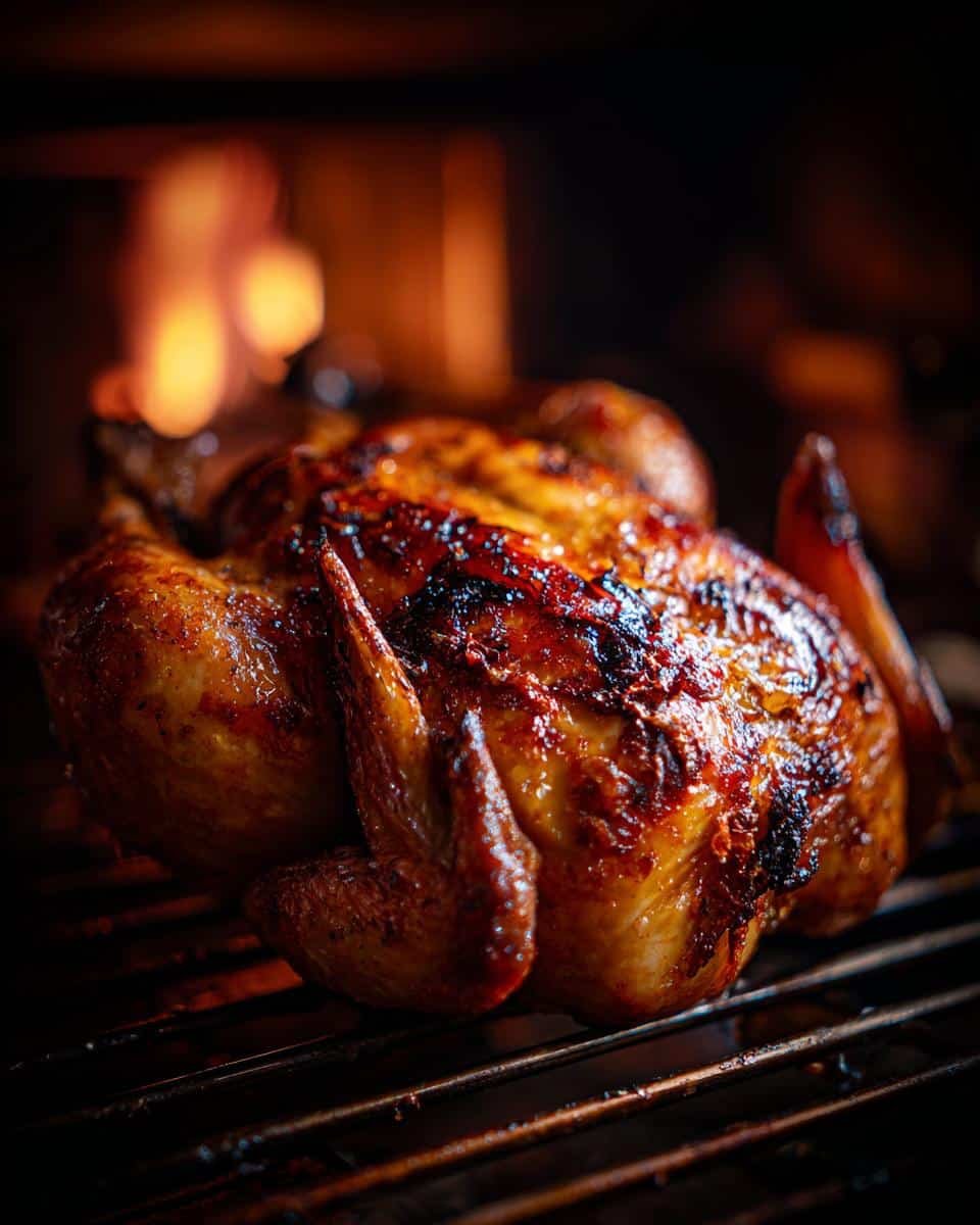 Fail-Proof Roasted Whole Chicken in Just 7 Steps 7 Golden brown Roasted whole Chicken on a grill, fresh out of the oven with a fire in the background.