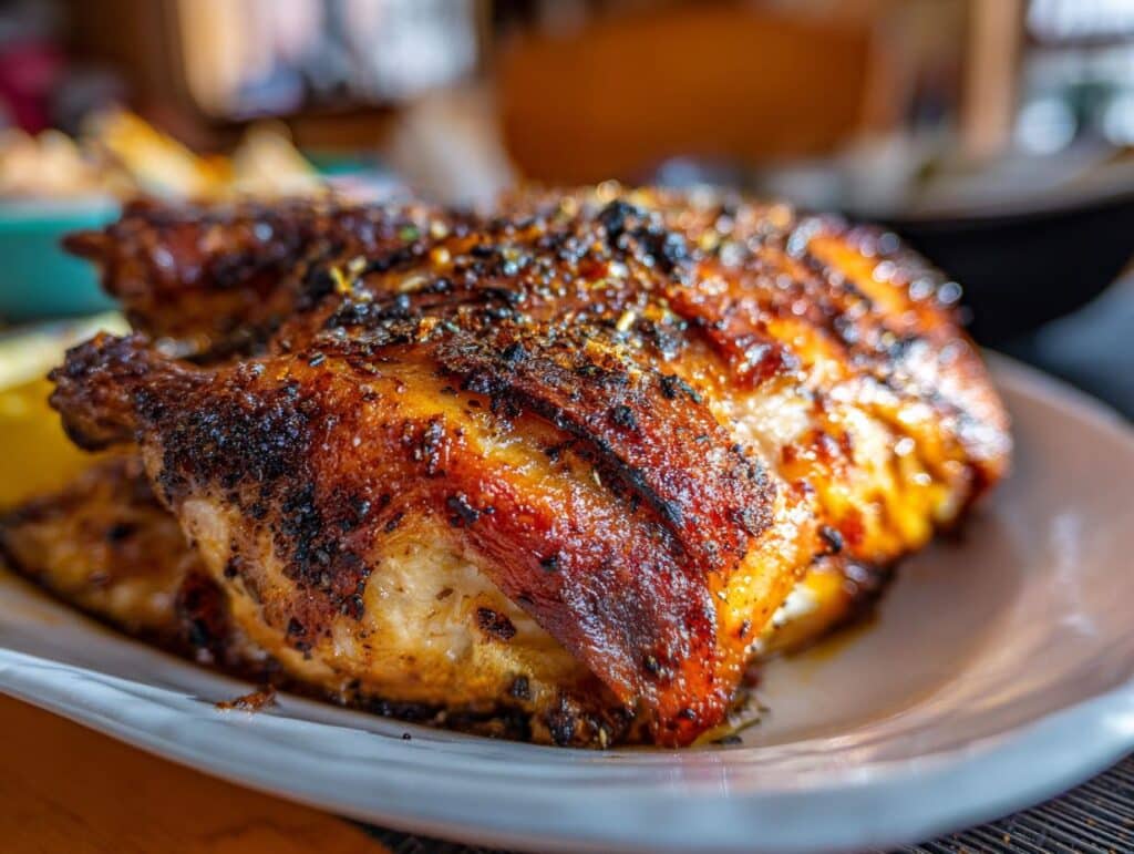 Close-up of a golden brown Roasted whole Chicken on a white platter, seasoned and ready to serve.