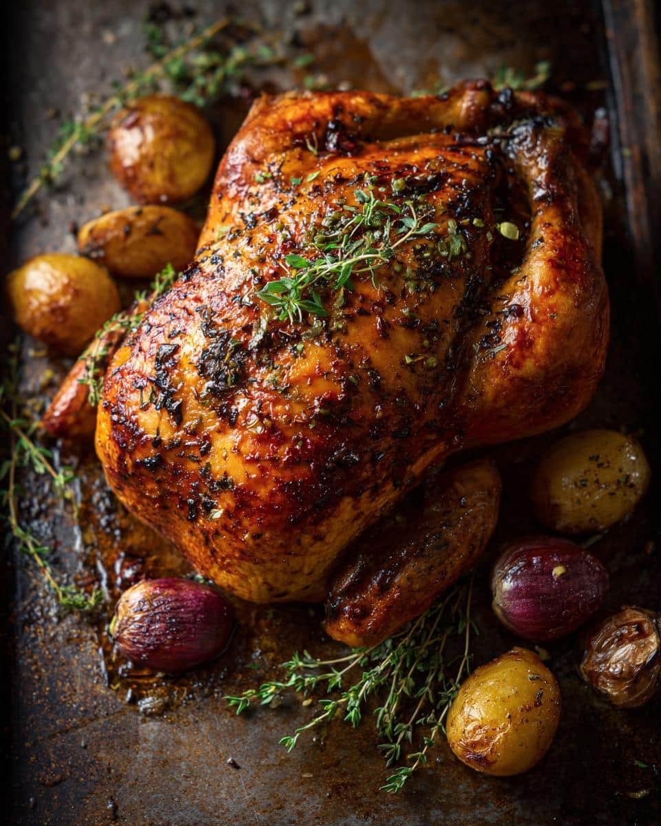 Fail-Proof Roasted Whole Chicken in Just 7 Steps 8 Perfectly Roasted whole Chicken on a tray with roasted potatoes and herbs, ready to serve.