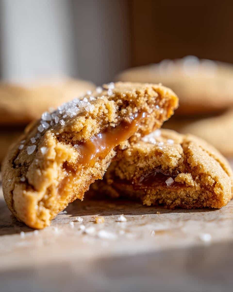 Easy Salted Caramel Cookies: 1 Bitter Mistake to Avoid 7 A salted caramel cookie cut in half, revealing the gooey caramel center and sprinkled with sea salt.