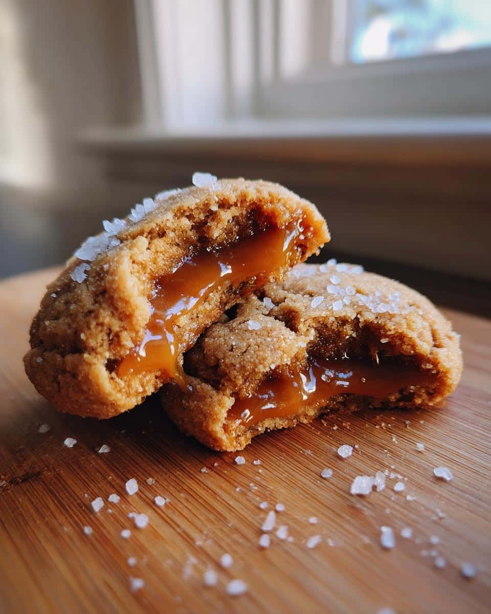 Easy Salted Caramel Cookies: 1 Bitter Mistake to Avoid 9 A Salted Caramel Cookie, cut in half to show the caramel filling, sprinkled with sea salt on a wooden board.