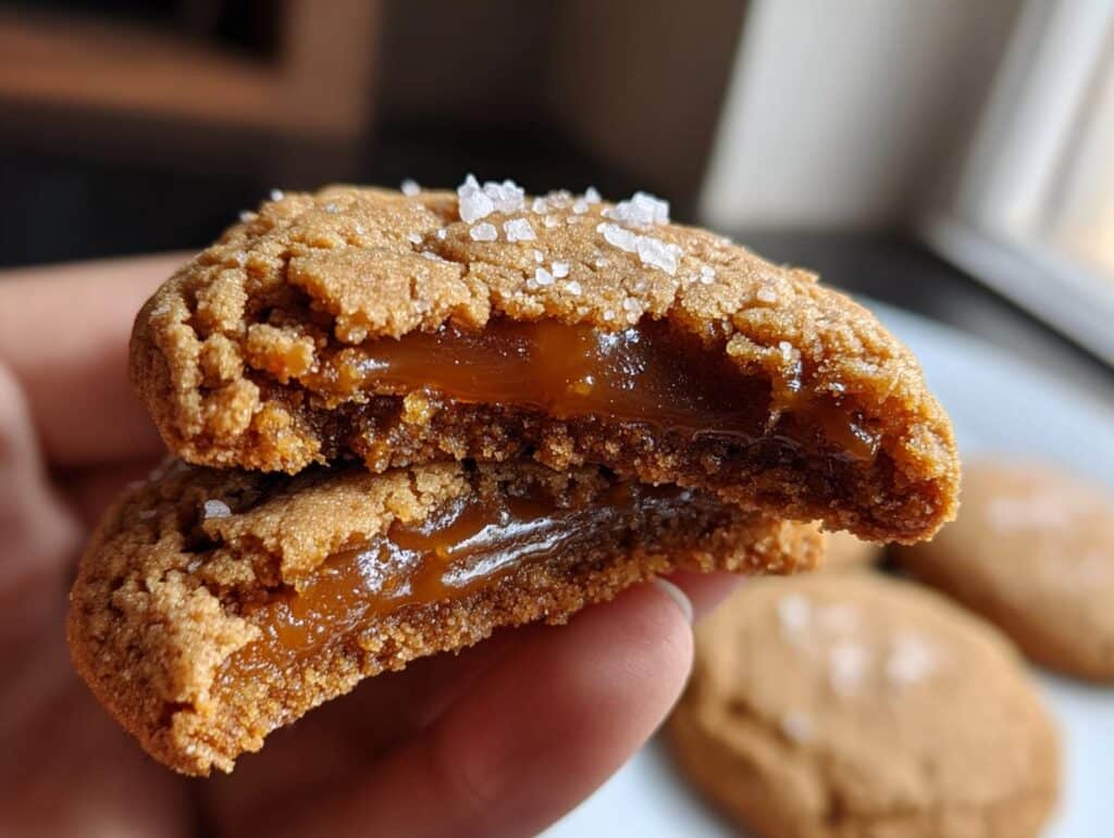 Close-up of two Salted Caramel Cookies, one broken in half to reveal the gooey caramel filling and salt flakes on top.