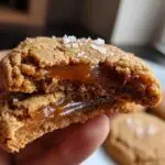 Close-up of two Salted Caramel Cookies, one broken in half to reveal the gooey caramel filling and salt flakes on top.