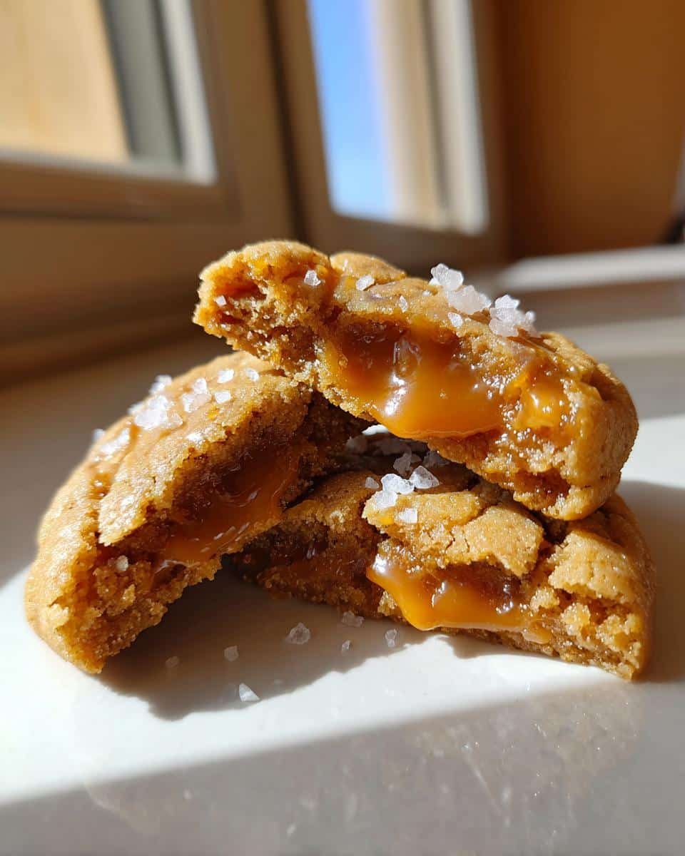 Easy Salted Caramel Cookies: 1 Bitter Mistake to Avoid 8 A broken Salted Caramel Cookie revealing a gooey caramel center, sprinkled with sea salt.