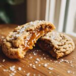 A broken Salted Caramel Cookie on a wooden board, revealing a gooey caramel center and topped with sea salt.