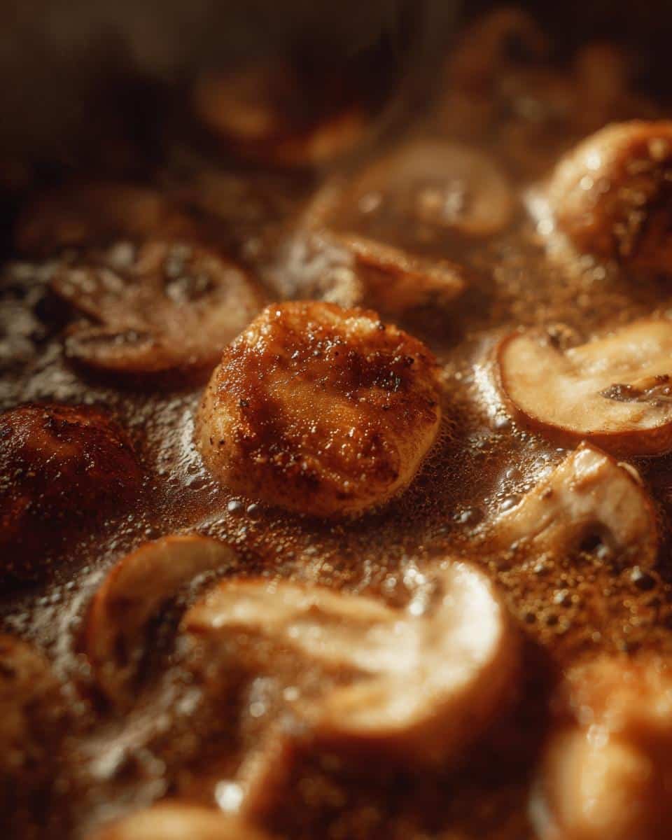 Disgustingly Easy 20-Minute Mushroom Cream Sauce 8 Close-up of sliced mushrooms sautéing in a pan, key ingredient for Mushroom Cream Sauce.