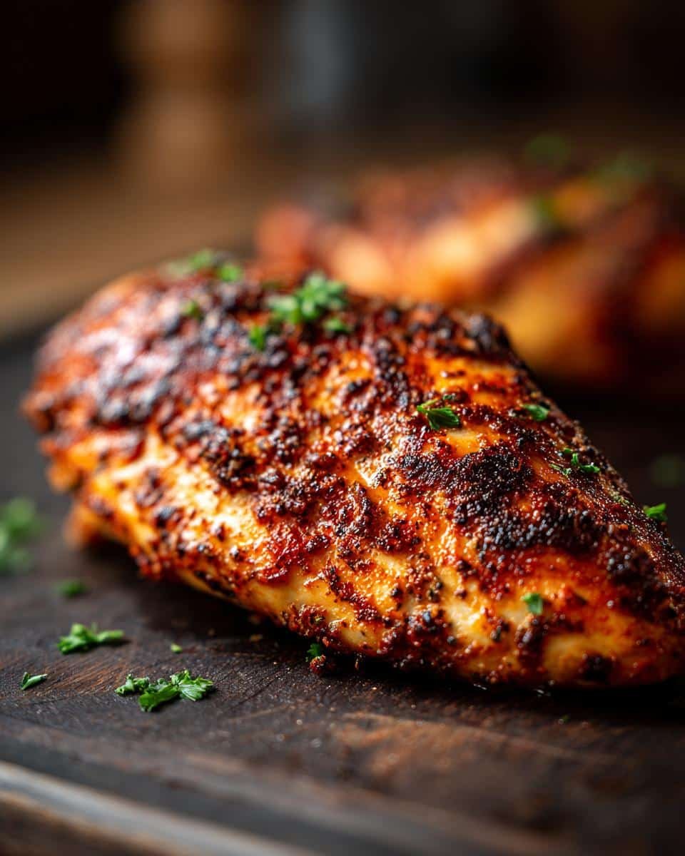 Foolproof Chicken Breast Recipes: 25 Mins to Delicious 7 Close-up of a seasoned, cooked chicken breast recipe on a dark wooden board, garnished with parsley.