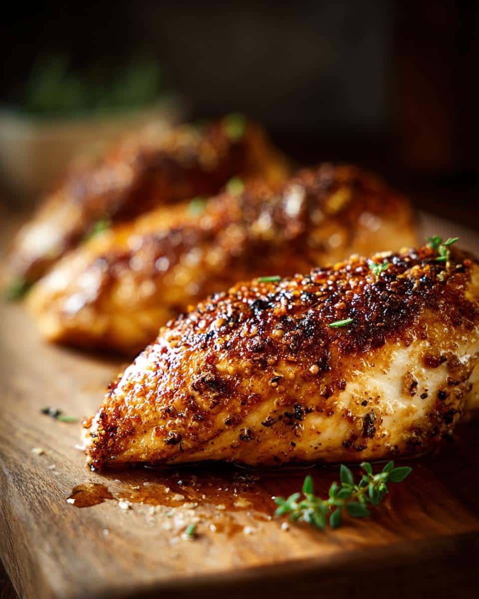 Foolproof Chicken Breast Recipes: 25 Mins to Delicious 9 Three seasoned chicken breast recipes on a wooden board, garnished with thyme.