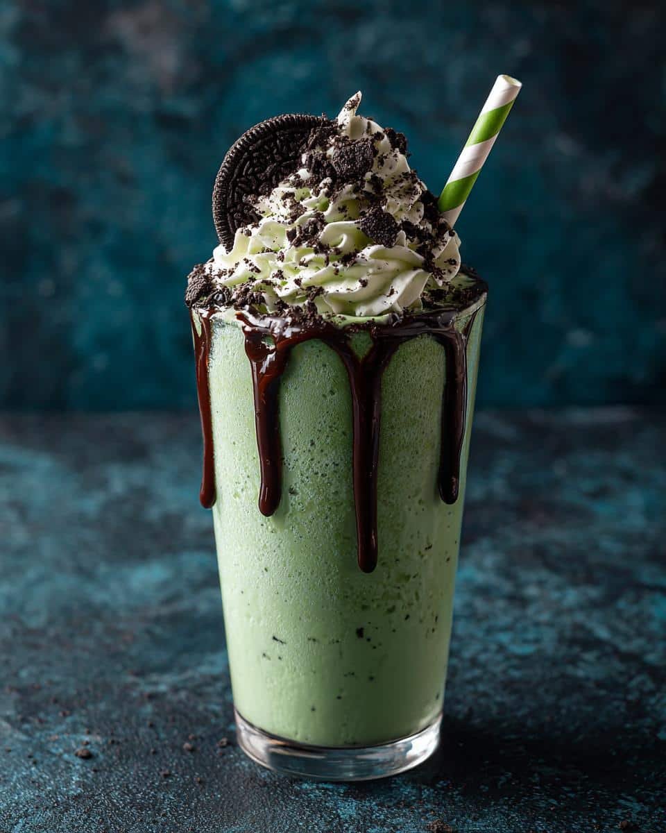 Wicked Shamrock Shake Recipe: It's Mint to Be! 7 A vibrant green shamrock shake topped with whipped cream, Oreo crumbles, and chocolate drizzle.