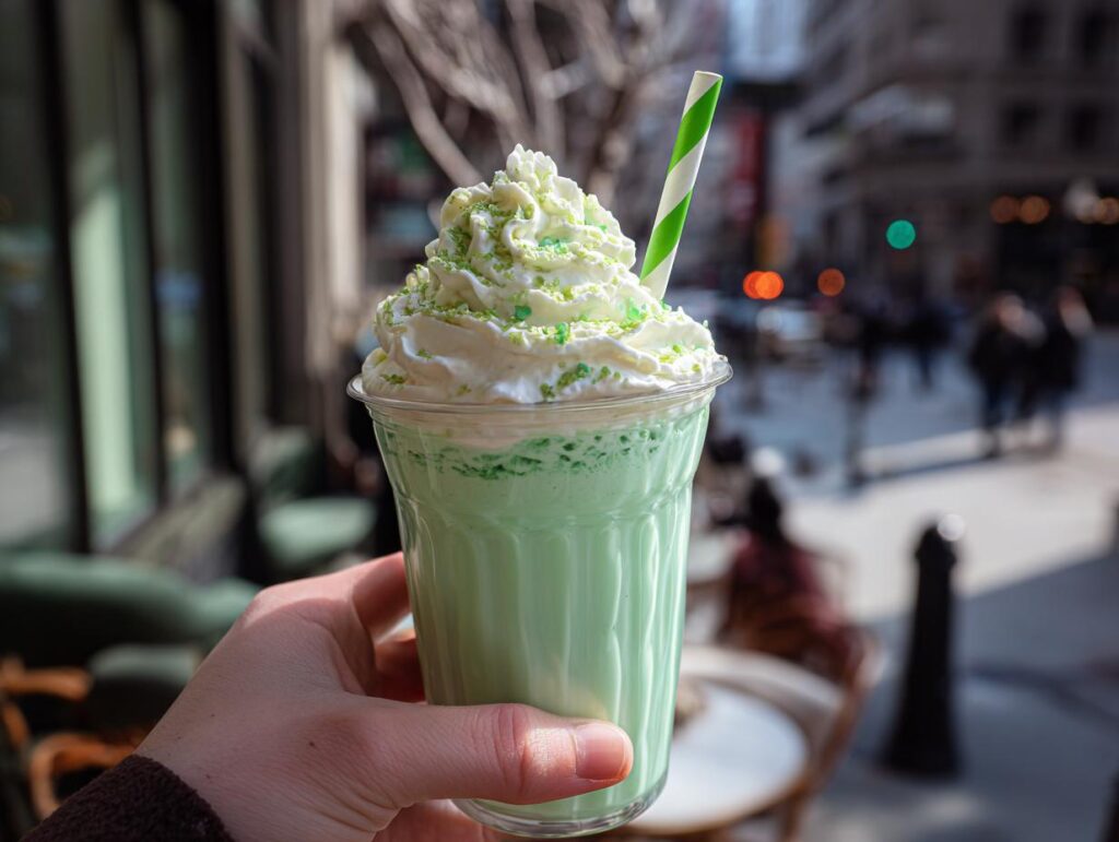 A hand holds a vibrant green shamrock shake topped with whipped cream and green sprinkles, featuring a green and white straw.