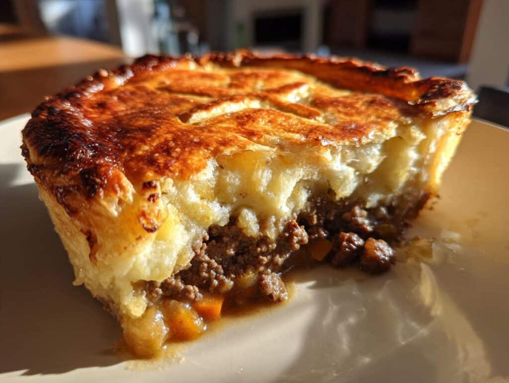 A slice of shepherds pie recipe easy with pie crust, showing layers of crust, mashed potatoes, and meat filling.