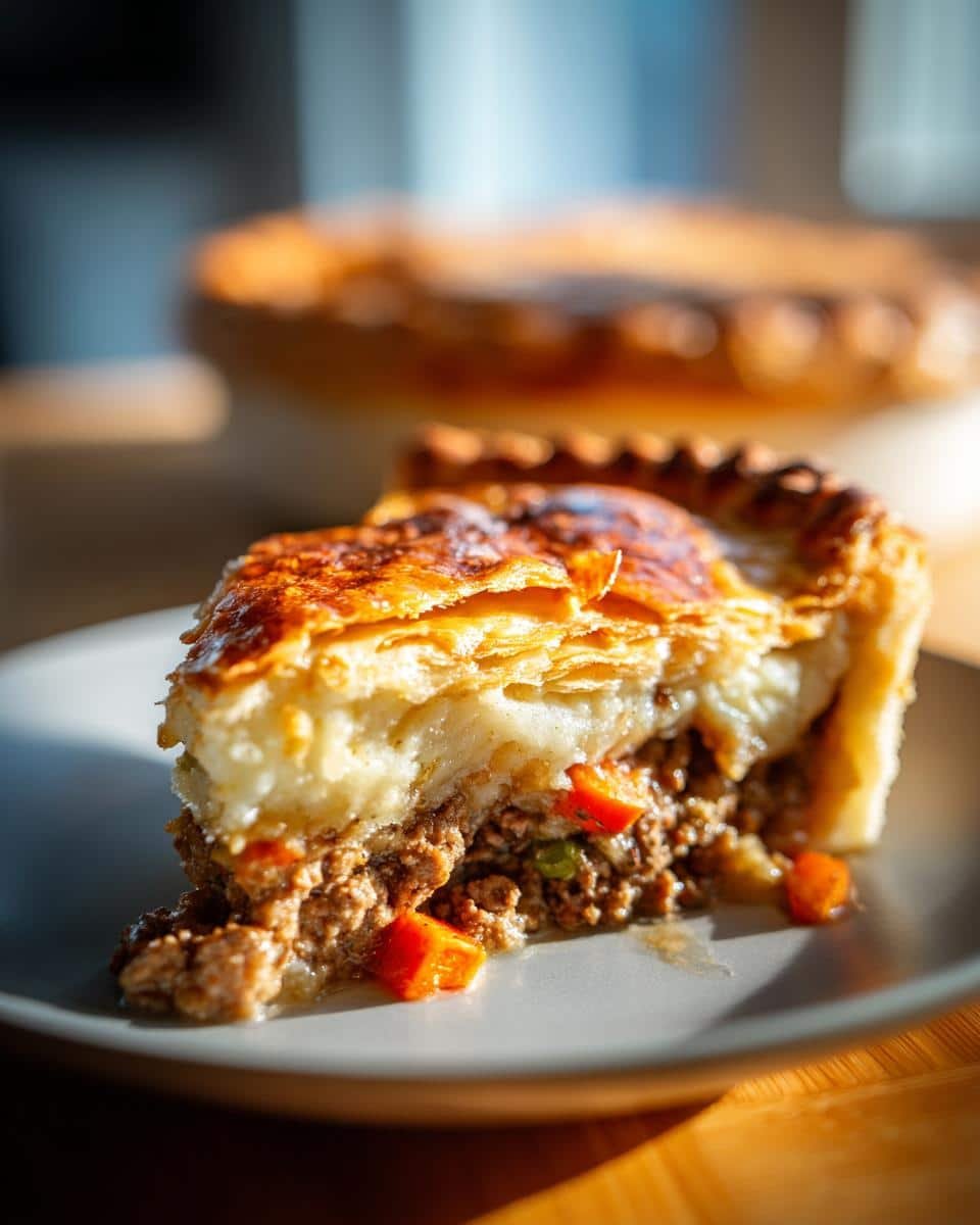 Incredibly Easy Shepherds Pie Recipe With Pie Crust 8 A slice of shepherds pie recipe easy with pie crust, showcasing layers of meat, vegetables, and a flaky crust.