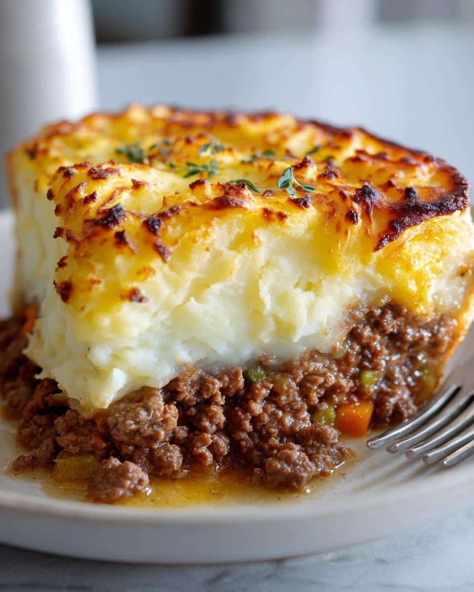 Incredibly Easy Shepherds Pie Recipe With Pie Crust 9 Close-up of a slice of shepherds pie recipe easy with pie crust, showing the meat filling and mashed potato topping.