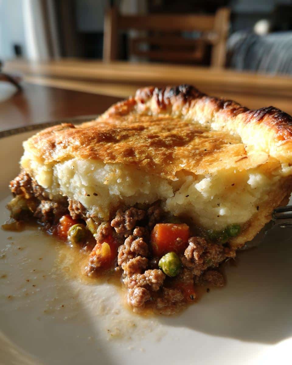 Incredibly Easy Shepherds Pie Recipe With Pie Crust 6 A slice of shepherds pie recipe easy with pie crust, showcasing layers of meat, vegetables, and mashed potato topping.