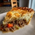 A slice of shepherds pie recipe easy with pie crust, showing layers of meat, vegetables, mashed potatoes, and a golden crust.