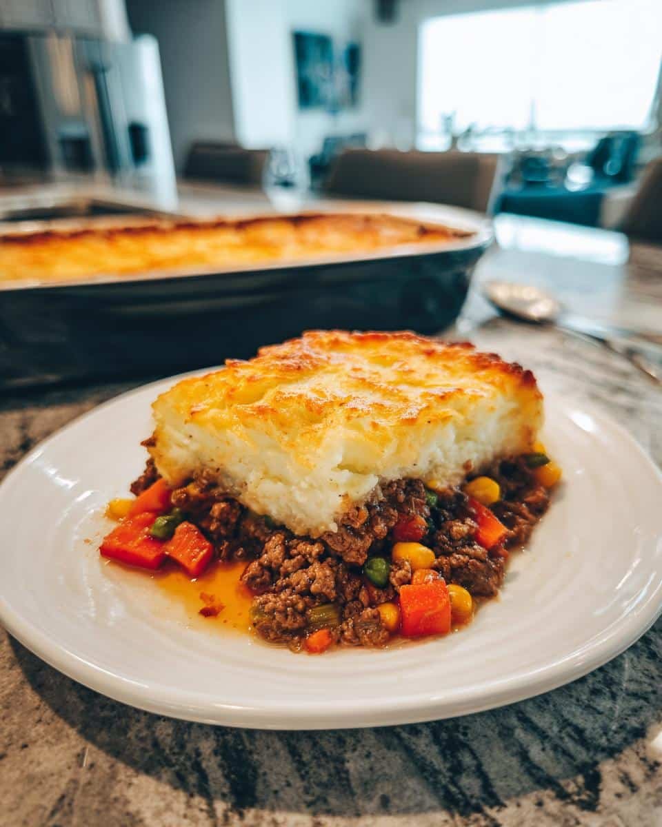 Disgustingly Easy Shepherd's Pie Recipe in Just 1 Hour 6 A serving of shepherd's pie recipe on a white plate, featuring a meat and vegetable base topped with mashed potatoes.