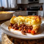 A delicious slice of shepherd's pie recipe with a ground meat and vegetable filling and mashed potato topping.