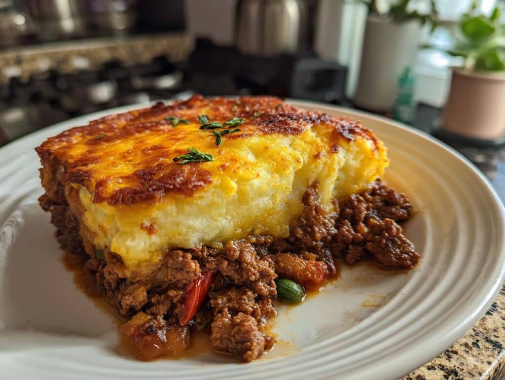A delicious slice of shepherd's pie recipe, featuring a meat base and golden mashed potato topping.