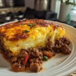 A delicious slice of shepherd's pie recipe, featuring a meat base and golden mashed potato topping.