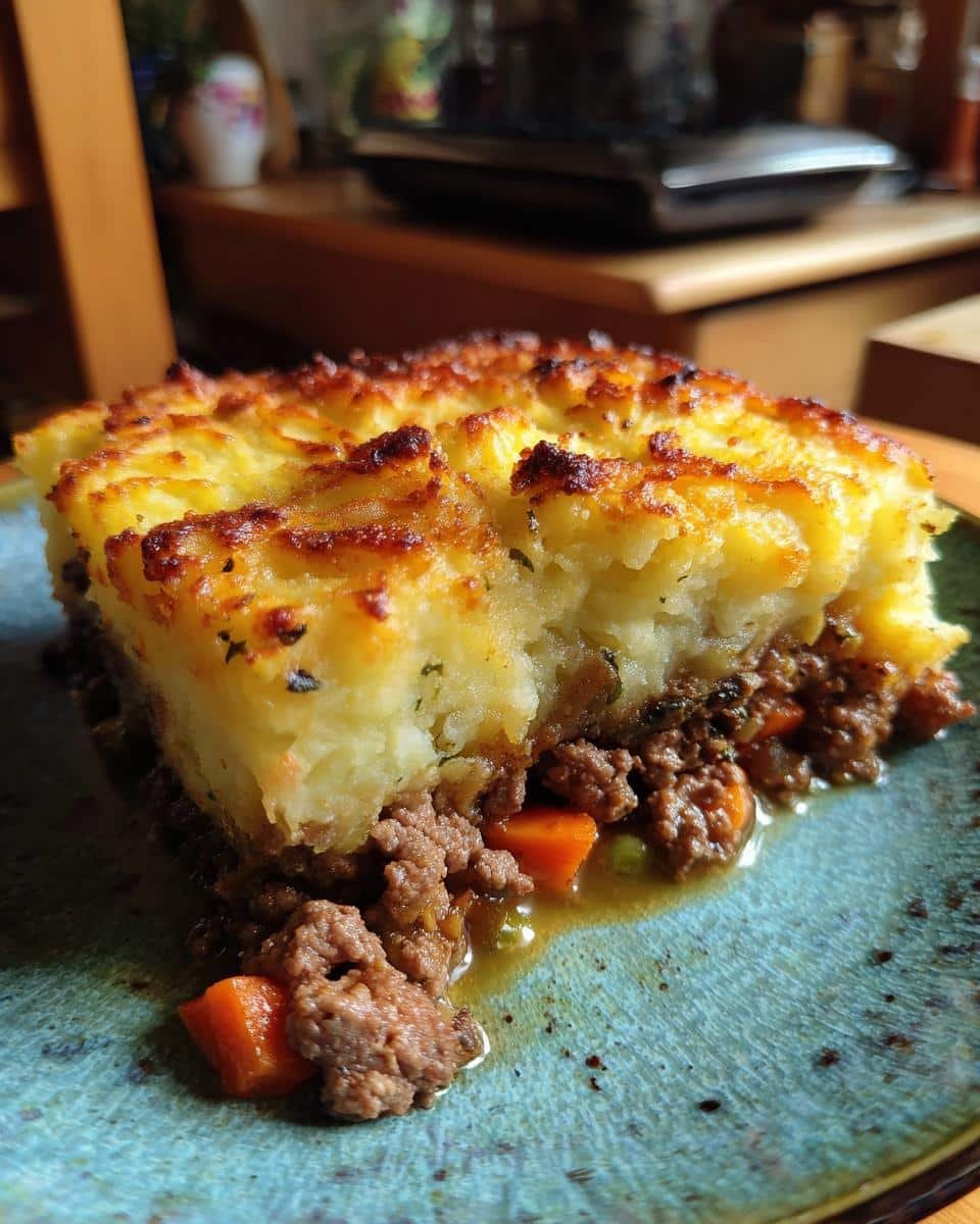 Disgustingly Easy Shepherd's Pie Recipe in Just 1 Hour 8 A slice of shepherd's pie recipe on a plate, showcasing the meat filling and mashed potato topping.