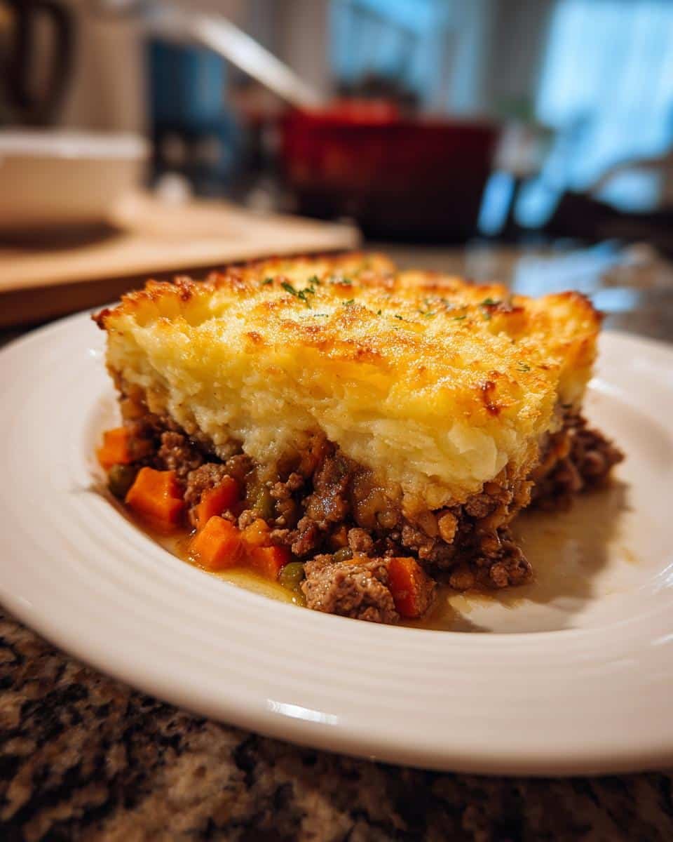 Disgustingly Easy Shepherd's Pie Recipe in Just 1 Hour 9 A slice of shepherd's pie recipe on a white plate, showing layers of meat, vegetables, and mashed potato topping.