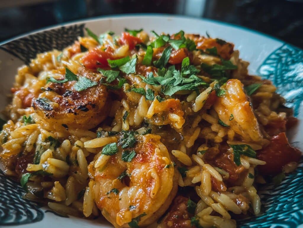 Close-up of a bowl of Shrimp Orzo with juicy shrimp, tomatoes, and fresh herbs.